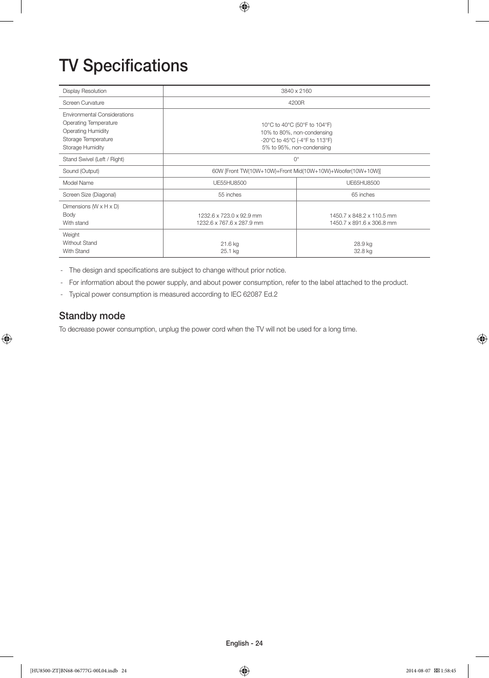 Tv specifications, Standby mode | Samsung UE65HU8500Z User Manual | Page 24 / 76