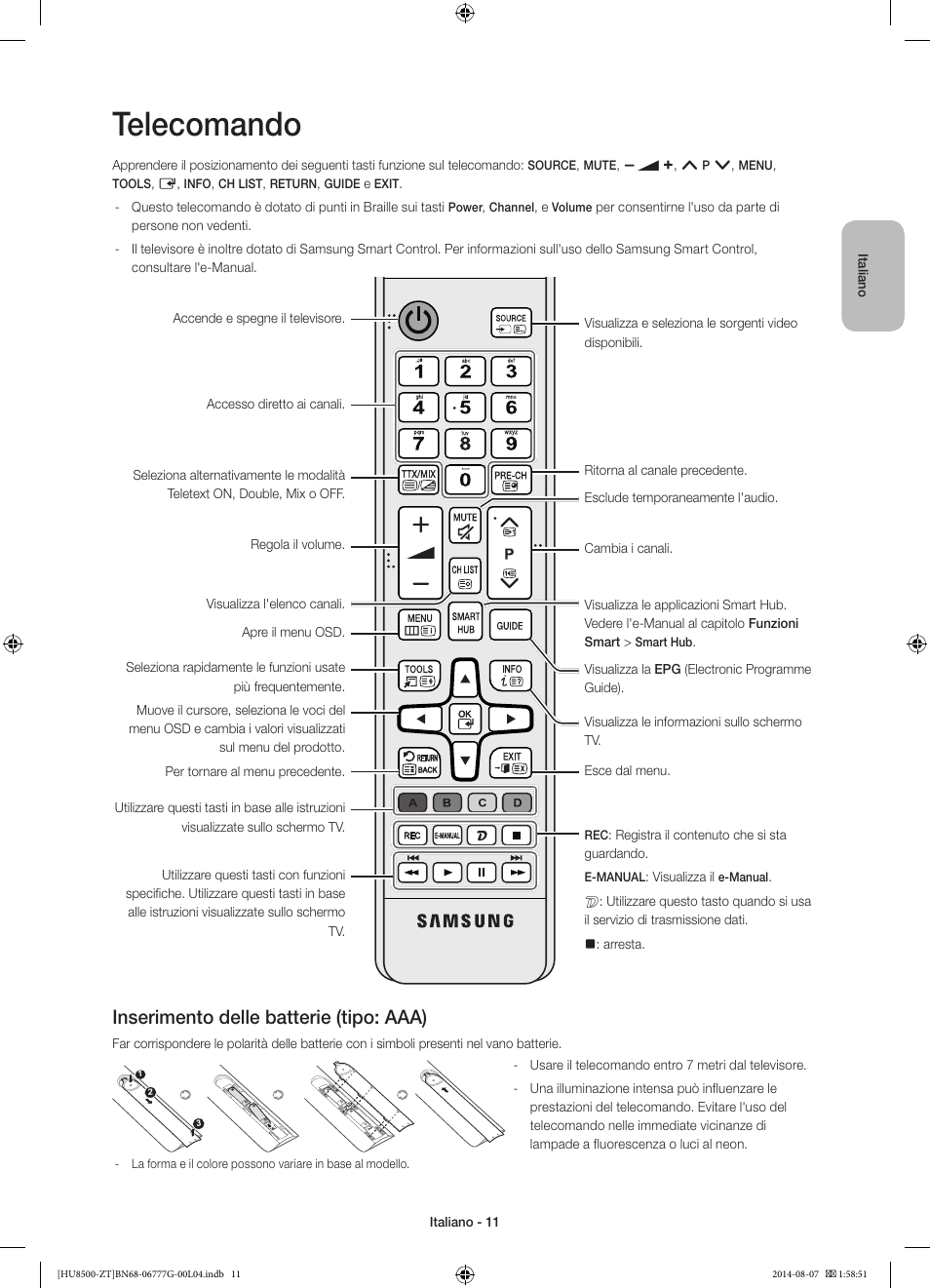 Telecomando, Inserimento delle batterie (tipo: aaa) | Samsung UE65HU8500Z User Manual | Page 35 / 76