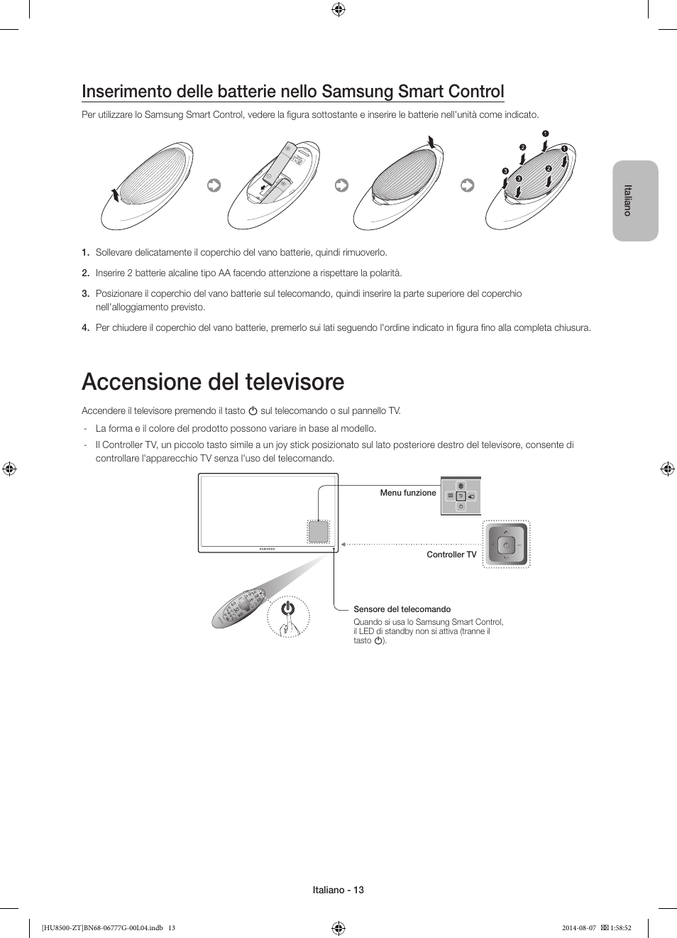 Accensione del televisore | Samsung UE65HU8500Z User Manual | Page 37 / 76