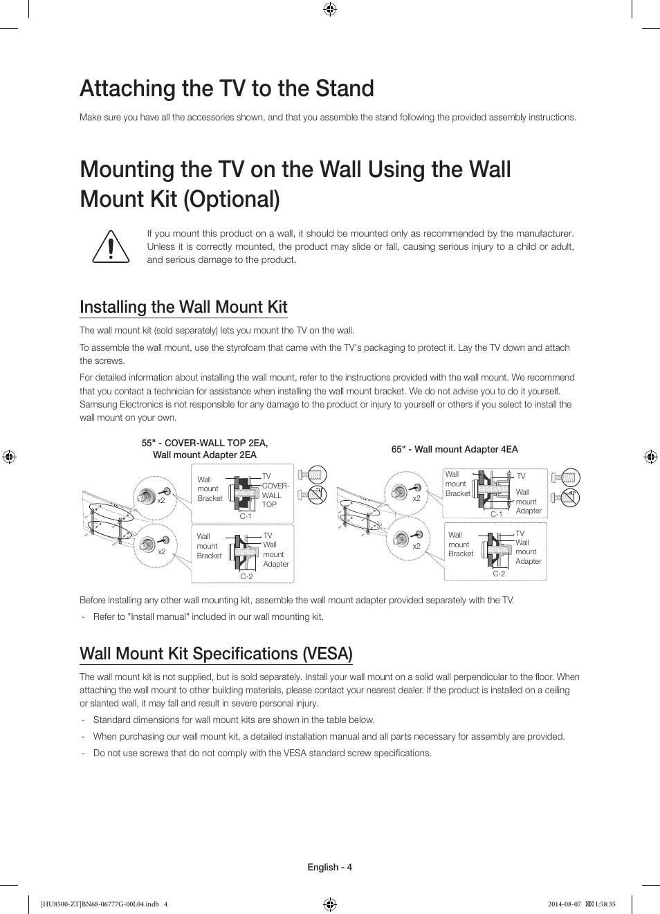 Attaching the tv to the stand, Installing the wall mount kit, Wall mount kit specifications (vesa) | Samsung UE65HU8500Z User Manual | Page 4 / 76