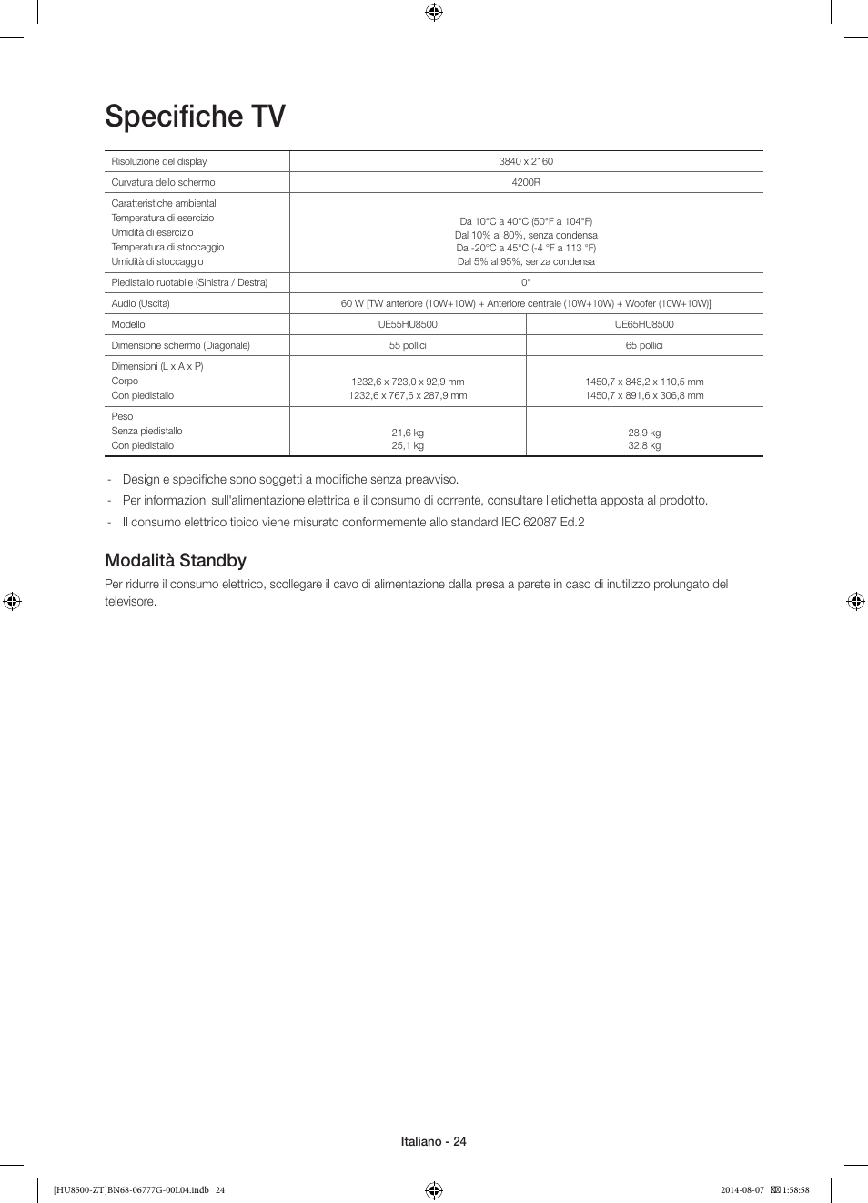 Specifiche tv, Modalità standby | Samsung UE65HU8500Z User Manual | Page 48 / 76