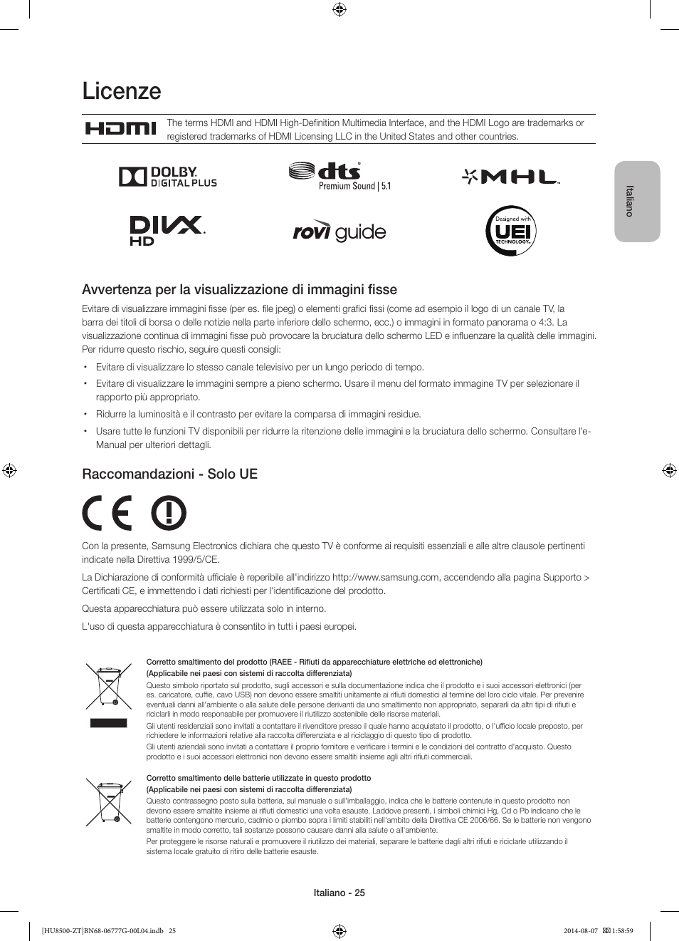 Licenze, Raccomandazioni - solo ue | Samsung UE65HU8500Z User Manual | Page 49 / 76