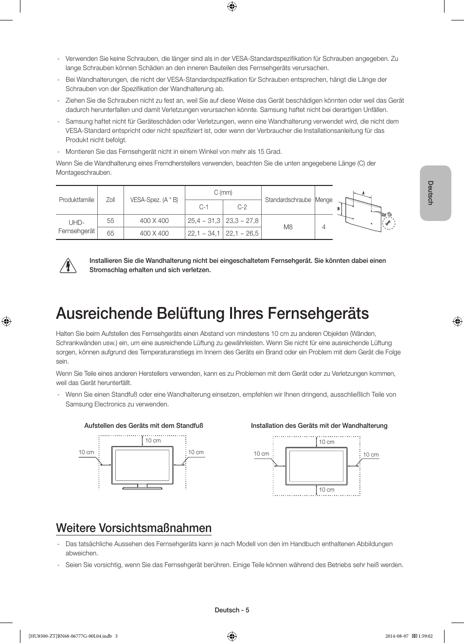 Ausreichende belüftung ihres fernsehgeräts, Weitere vorsichtsmaßnahmen | Samsung UE65HU8500Z User Manual | Page 55 / 76