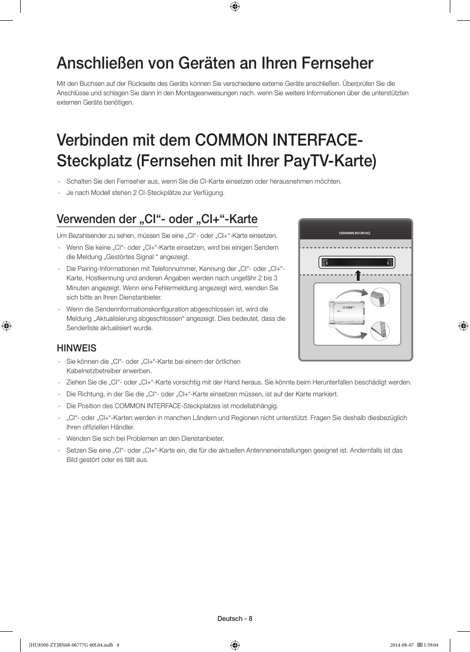 Anschließen von geräten an ihren fernseher, Verwenden der „ci“- oder „ci+“-karte, Hinweis | Samsung UE65HU8500Z User Manual | Page 58 / 76