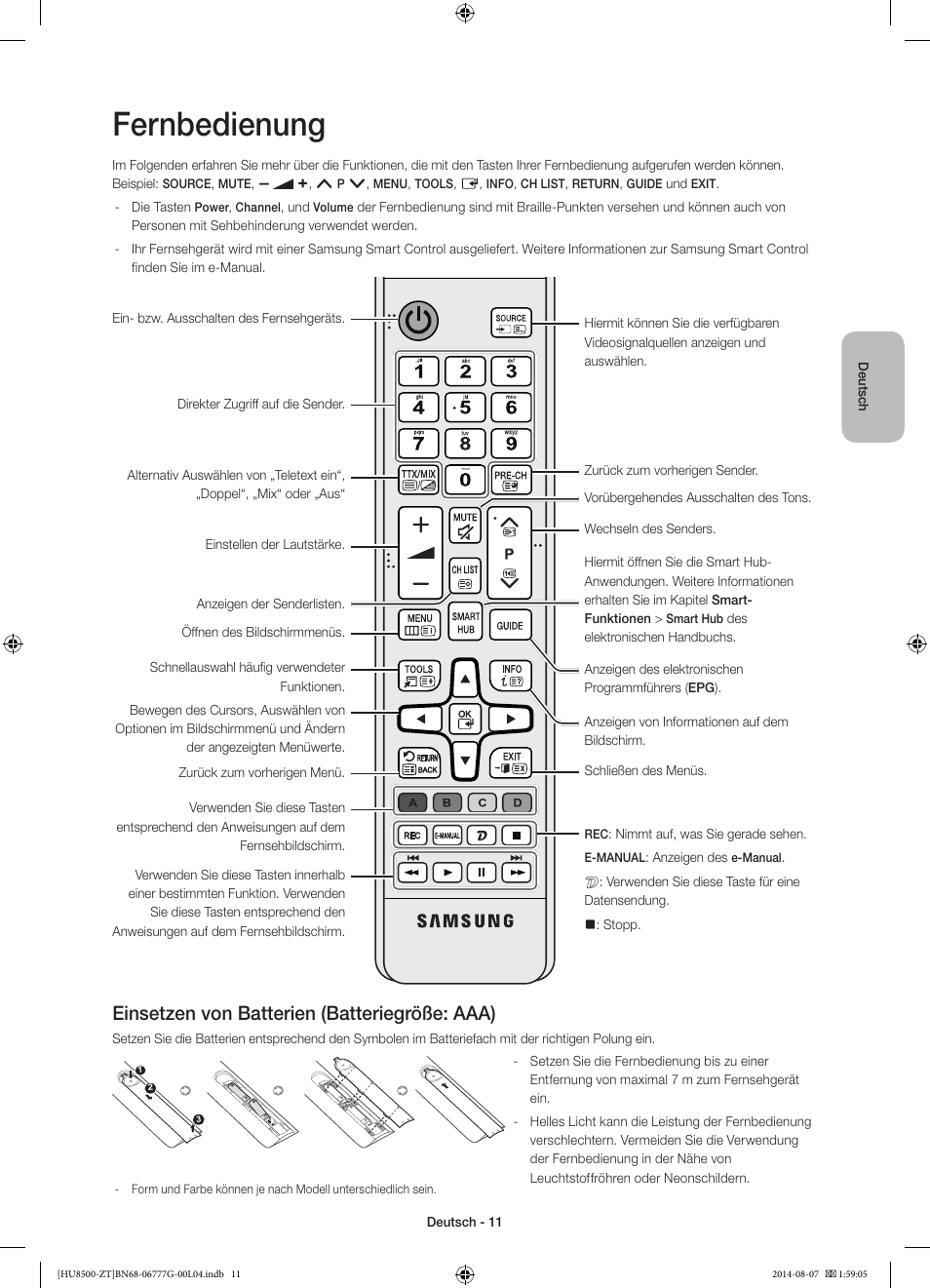 Fernbedienung, Einsetzen von batterien (batteriegröße: aaa) | Samsung UE65HU8500Z User Manual | Page 61 / 76