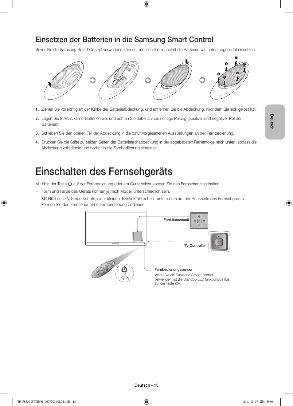 Einschalten des fernsehgeräts | Samsung UE65HU8500Z User Manual | Page 63 / 76