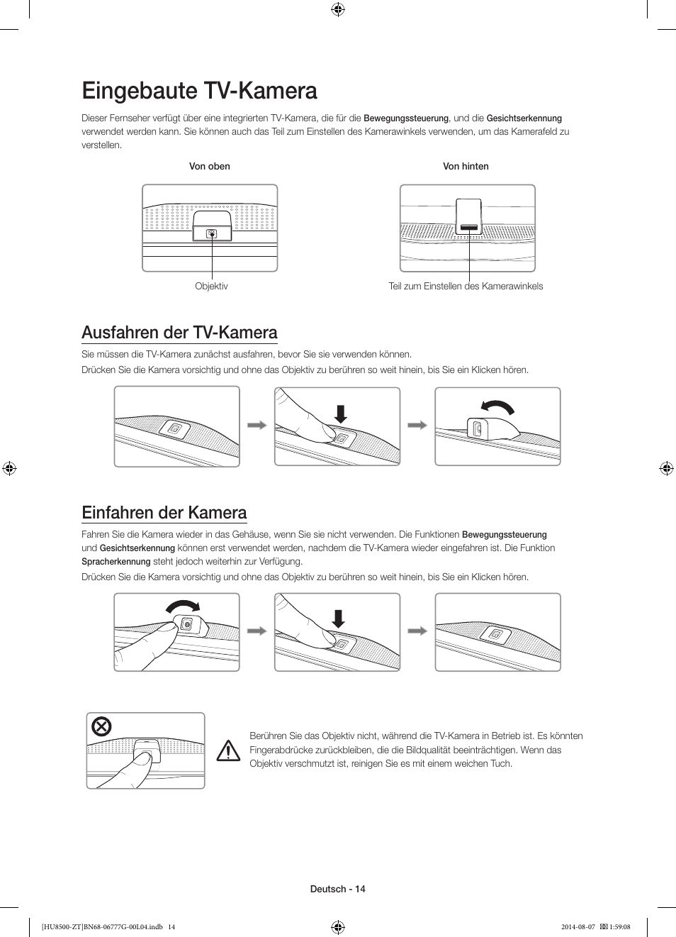 Eingebaute tv-kamera, Ausfahren der tv-kamera, Einfahren der kamera | 경고 주의 경고 주의 | Samsung UE65HU8500Z User Manual | Page 64 / 76