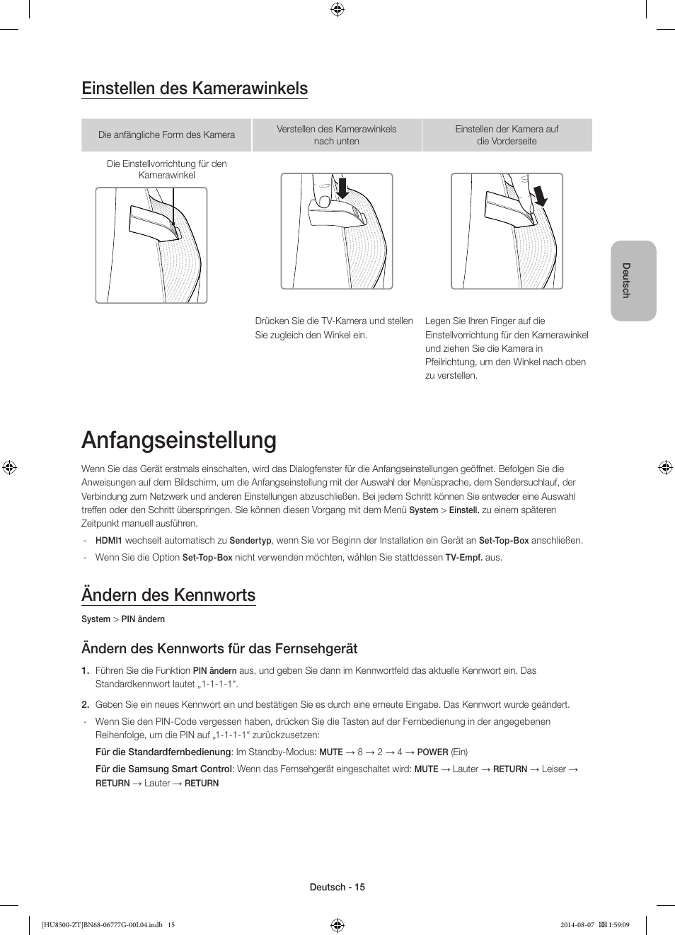 Anfangseinstellung, Einstellen des kamerawinkels, Ändern des kennworts | Ändern des kennworts für das fernsehgerät | Samsung UE65HU8500Z User Manual | Page 65 / 76