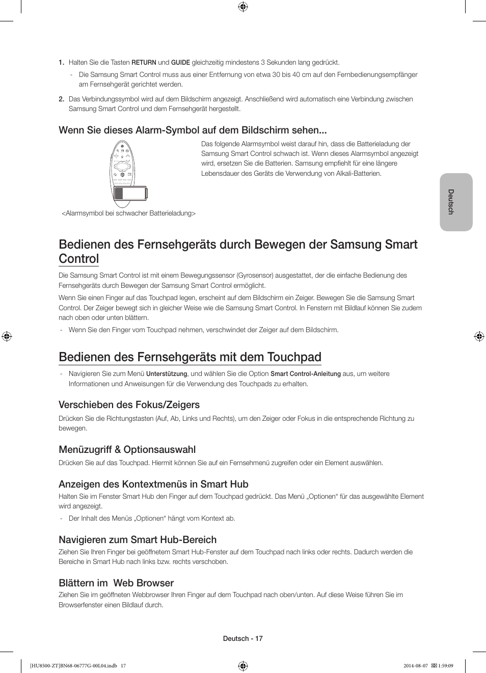 Bedienen des fernsehgeräts mit dem touchpad, Verschieben des fokus/zeigers, Menüzugriff & optionsauswahl | Anzeigen des kontextmenüs in smart hub, Navigieren zum smart hub-bereich, Blättern im web browser | Samsung UE65HU8500Z User Manual | Page 67 / 76