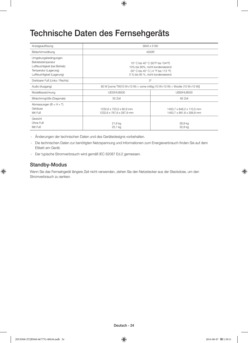Technische daten des fernsehgeräts, Standby-modus | Samsung UE65HU8500Z User Manual | Page 74 / 76