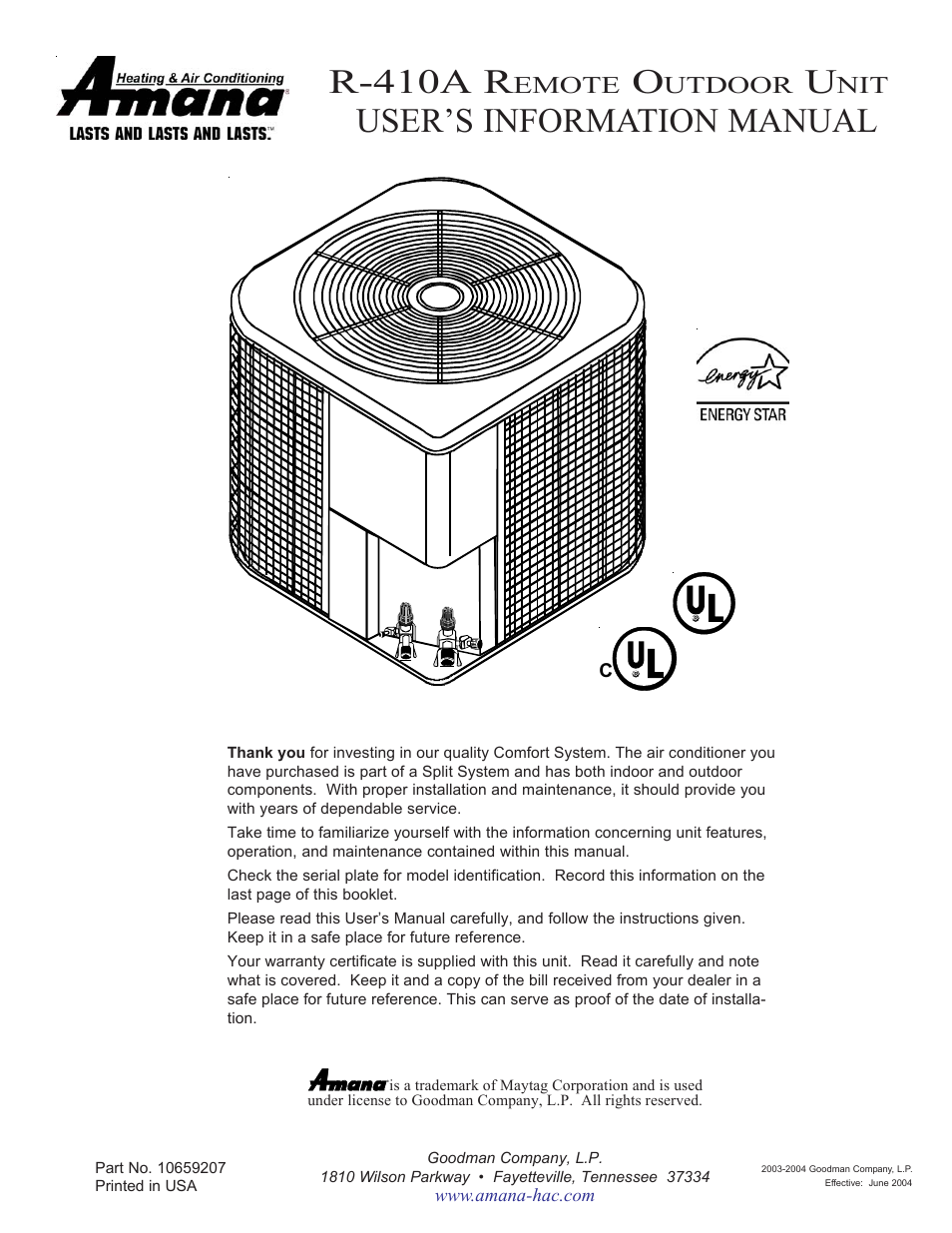 Amana R-410A User Manual | 10 pages