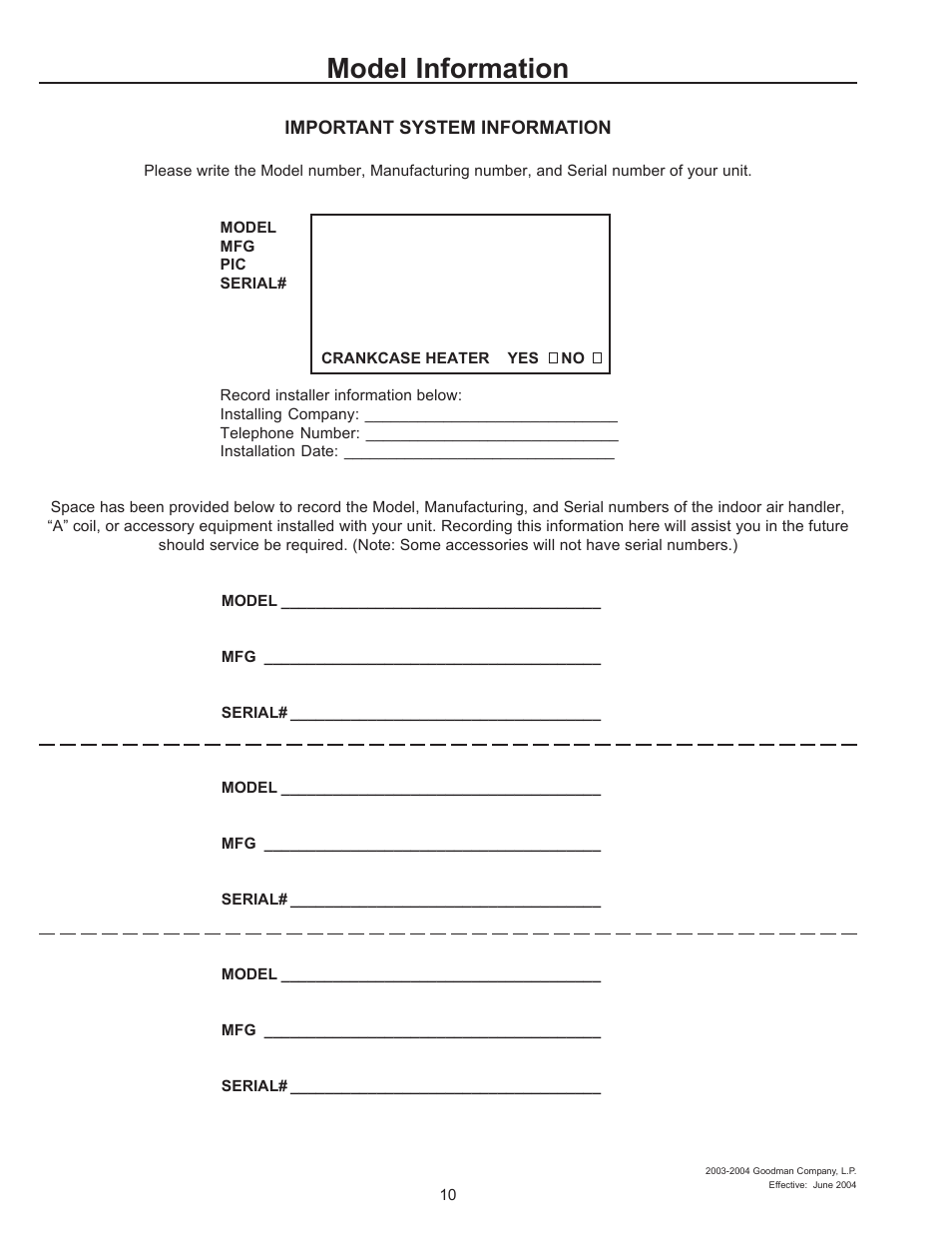 Important system information, Model information | Amana R-410A User Manual | Page 10 / 10