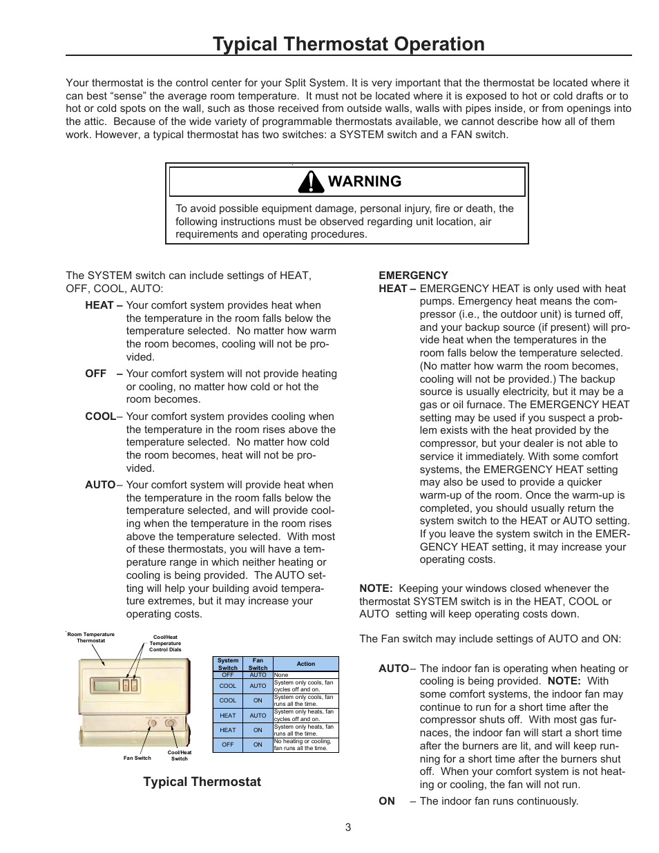 Typical thermostat operation, Warning, Typical thermostat | Amana R-410A User Manual | Page 3 / 10