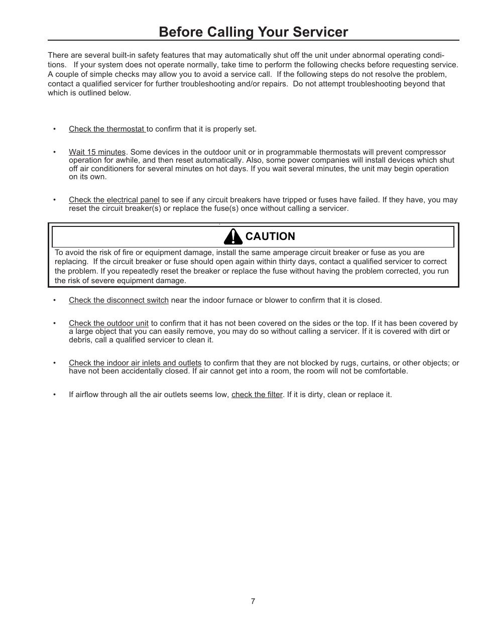 Before calling your servicer, Caution | Amana R-410A User Manual | Page 7 / 10
