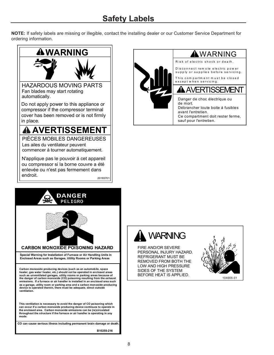 Warning, Avertissement warning, Safety labels | Avertissement, Hazardous moving parts | Amana R-410A User Manual | Page 8 / 10