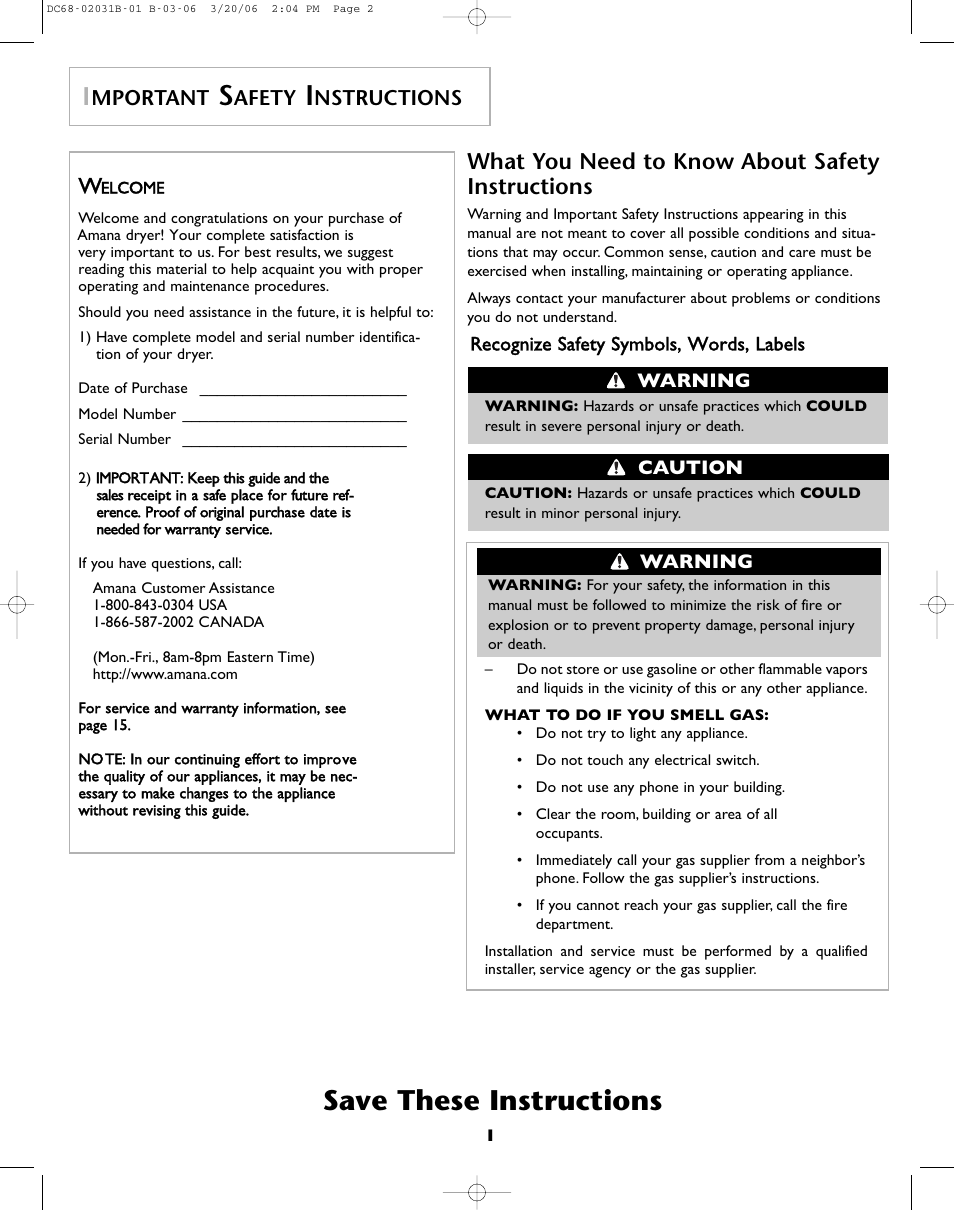 Save these instructions, What you need to know about safety instructions, Mportant | Afety, Nstructions | Amana W101611016 User Manual | Page 2 / 48