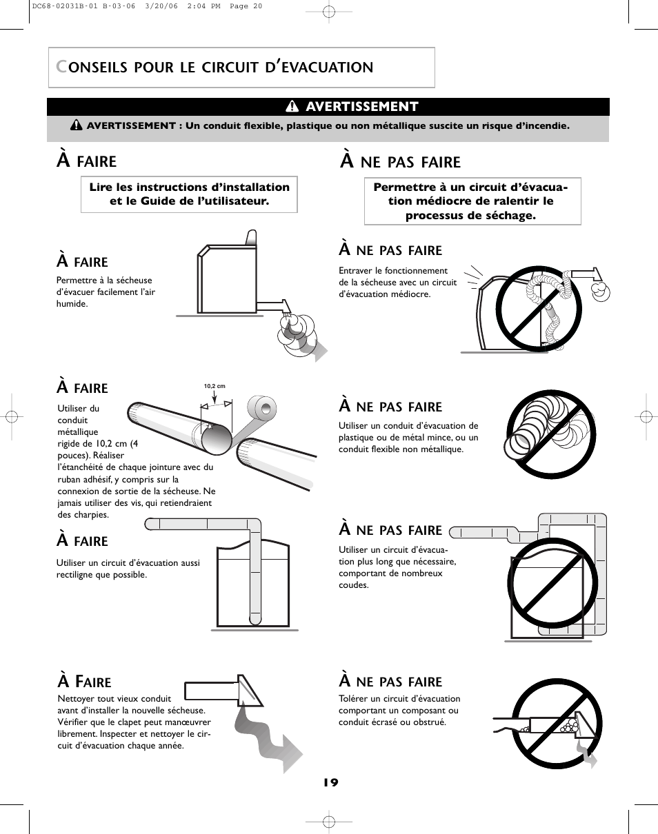 Faire, Ne pas faire, Onseils pour le circuit d | Evacuation | Amana W101611016 User Manual | Page 20 / 48