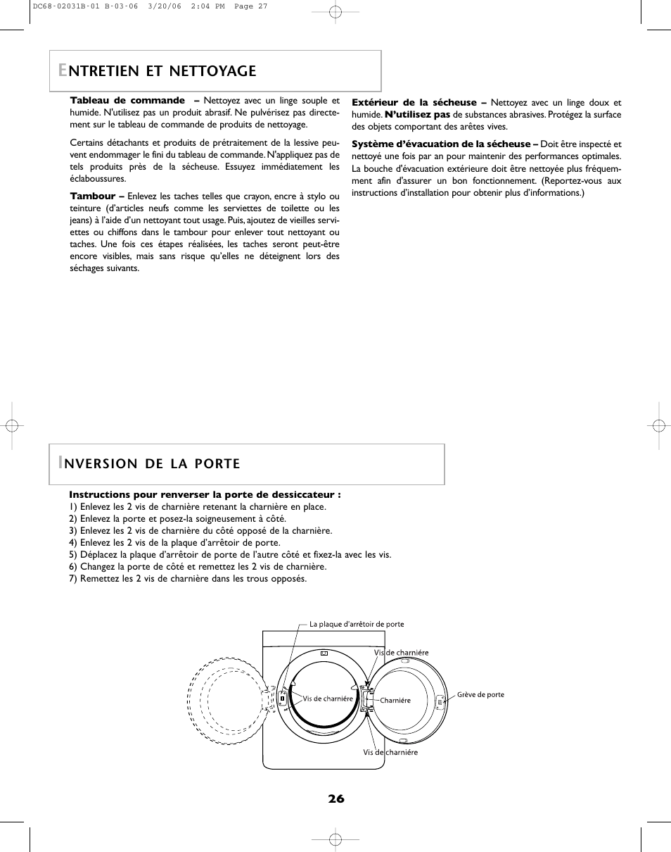 Ntretien et nettoyage, Nversion de la porte | Amana W101611016 User Manual | Page 27 / 48