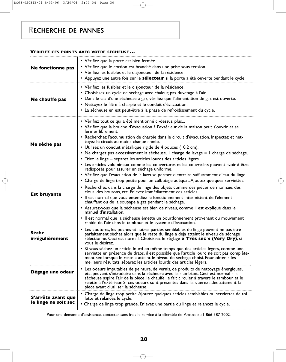 Echerche de pannes | Amana W101611016 User Manual | Page 29 / 48