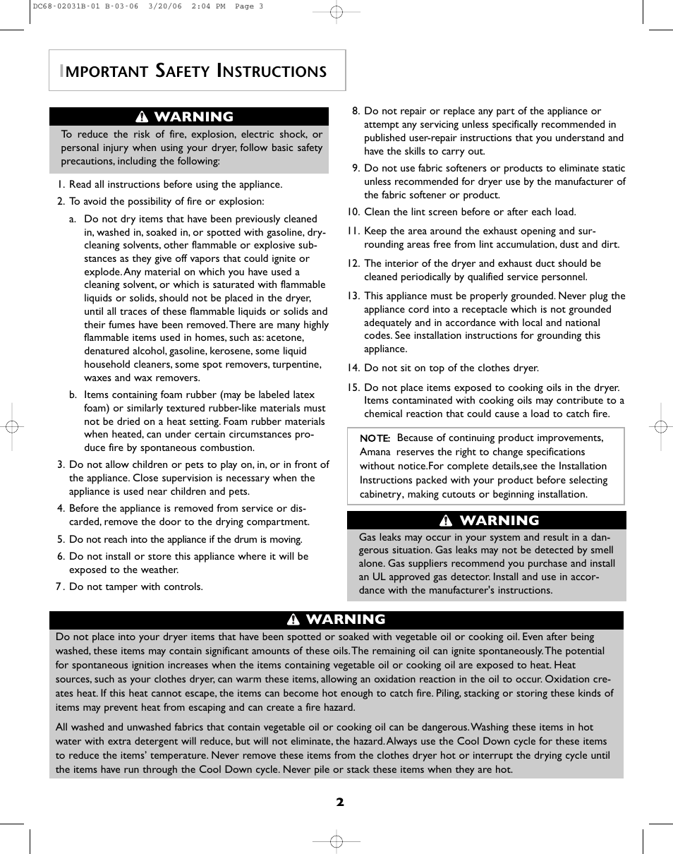 Mportant, Afety, Nstructions | Amana W101611016 User Manual | Page 3 / 48
