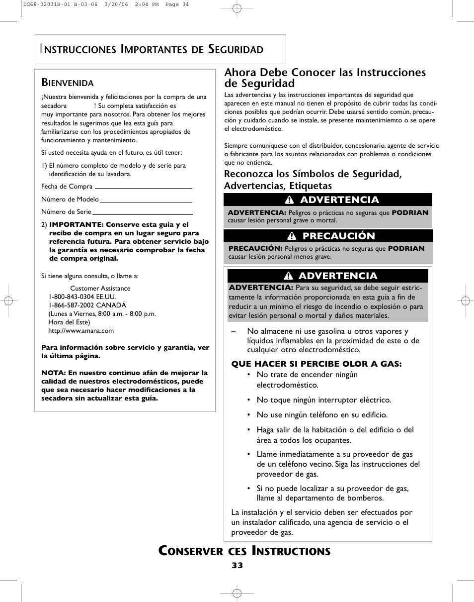Ahora debe conocer las instrucciones de seguridad, Onserver ces, Nstructions | Nstrucciones, Mportantes de, Eguridad | Amana W101611016 User Manual | Page 34 / 48