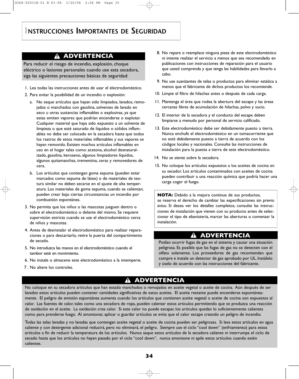 Nstrucciones, Mportantes de, Eguridad | Advertencia | Amana W101611016 User Manual | Page 35 / 48