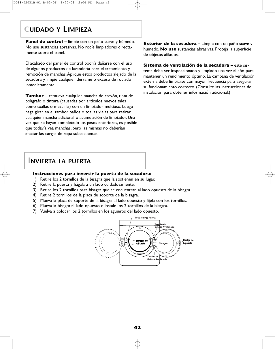 Uidado y, Impieza, Nvierta la puerta | Amana W101611016 User Manual | Page 43 / 48