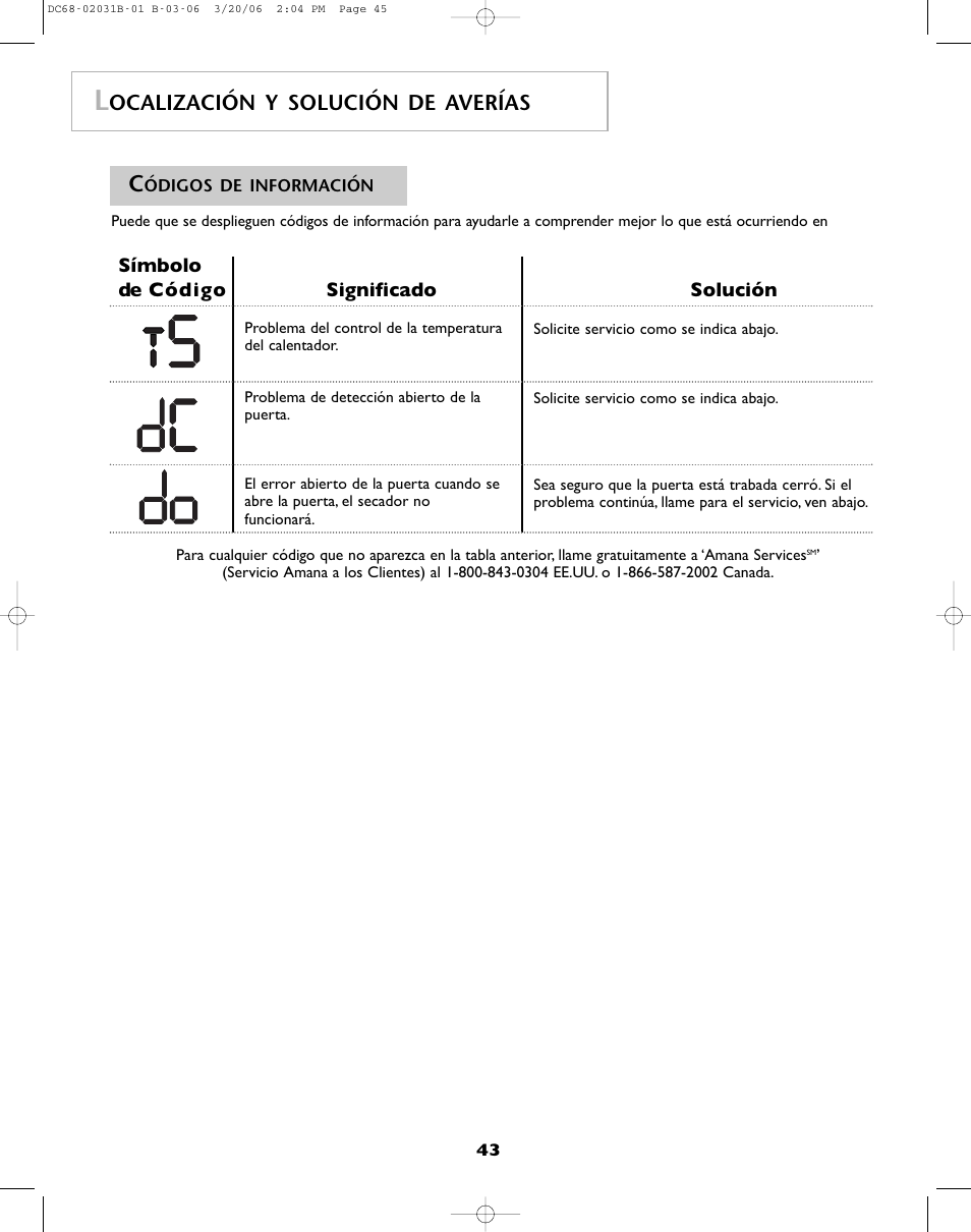 Ocalización y solución de averías | Amana W101611016 User Manual | Page 44 / 48