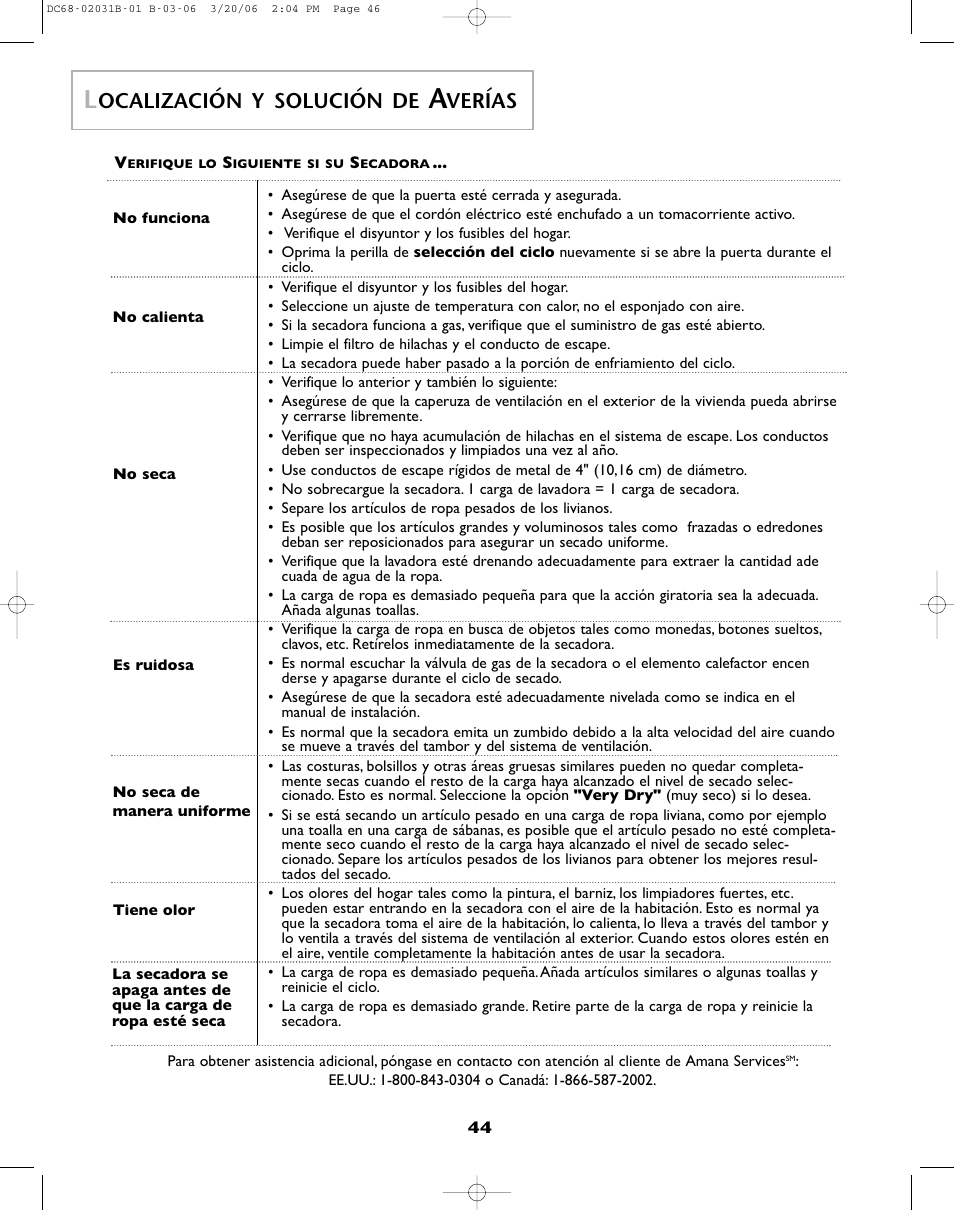 Ocalización y solución de, Verías | Amana W101611016 User Manual | Page 45 / 48