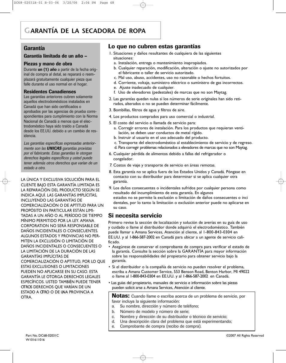 Arantía de la secadora de ropa, Lo que no cubren estas garantías, Si necesita servicio | Garantía, Notas | Amana W101611016 User Manual | Page 48 / 48