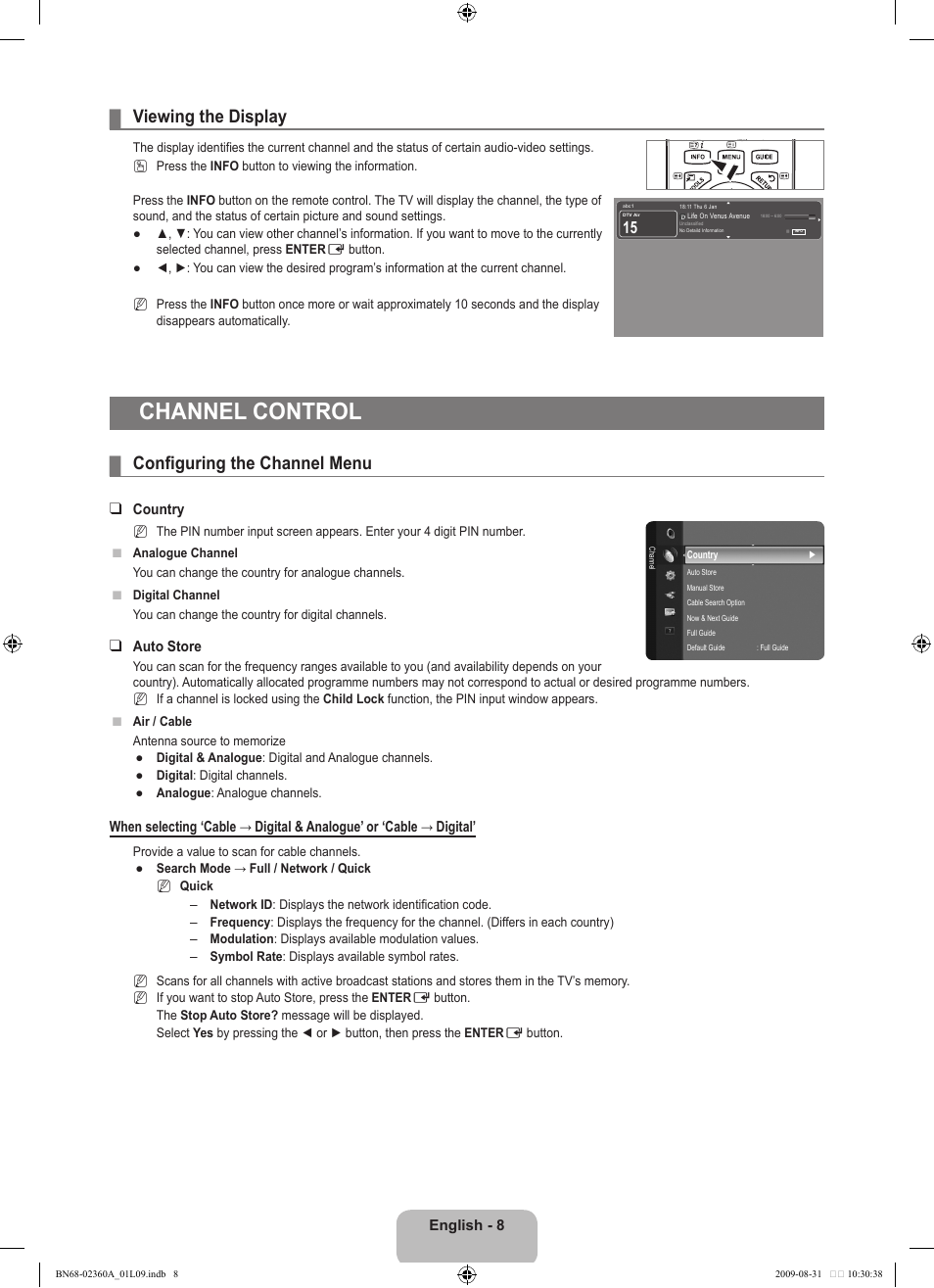 Viewing the display, Channel control, Configuring the channel menu | Samsung LE32B450C4W User Manual | Page 10 / 300