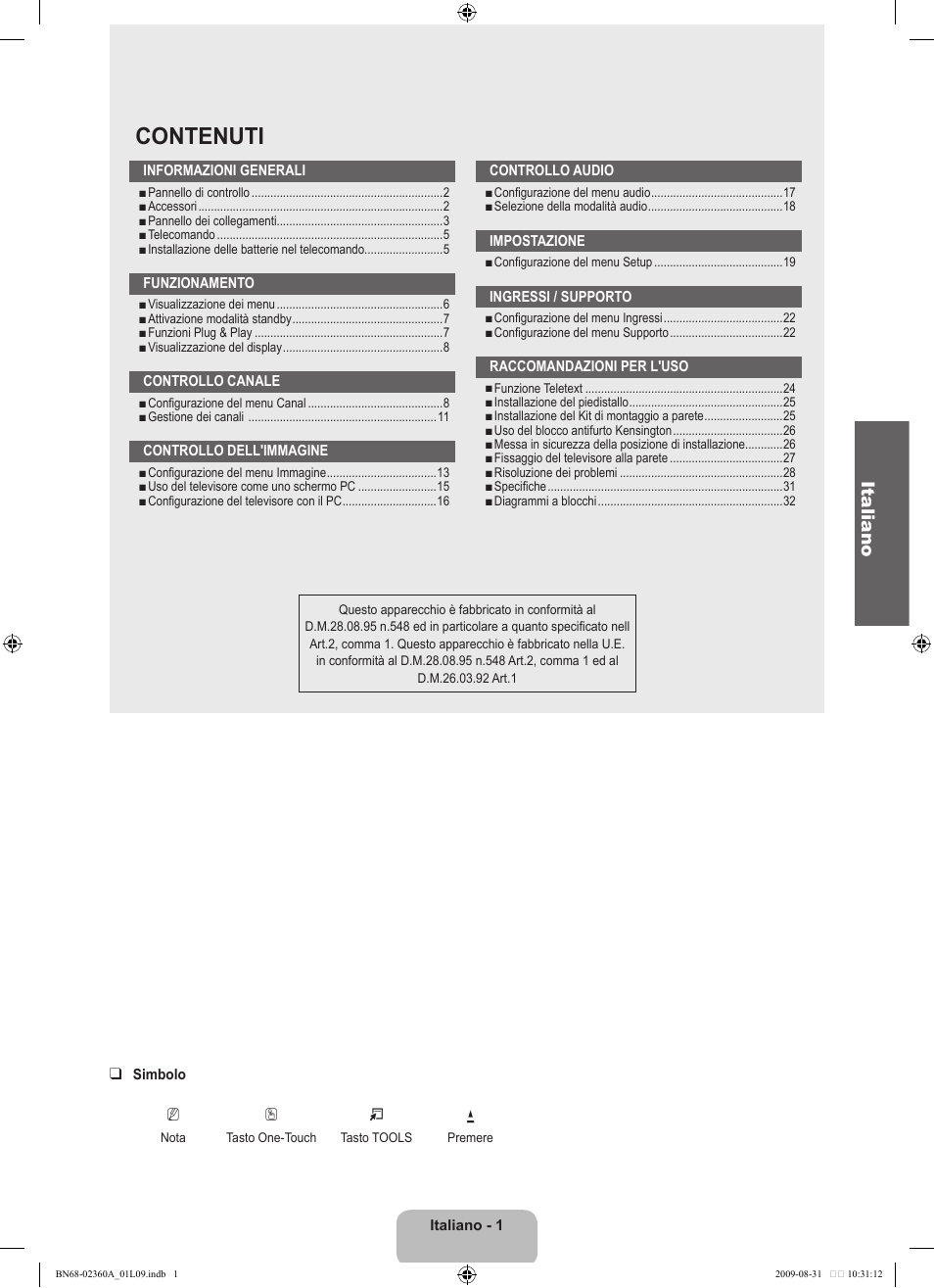 Contenuti, Italiano | Samsung LE32B450C4W User Manual | Page 131 / 300