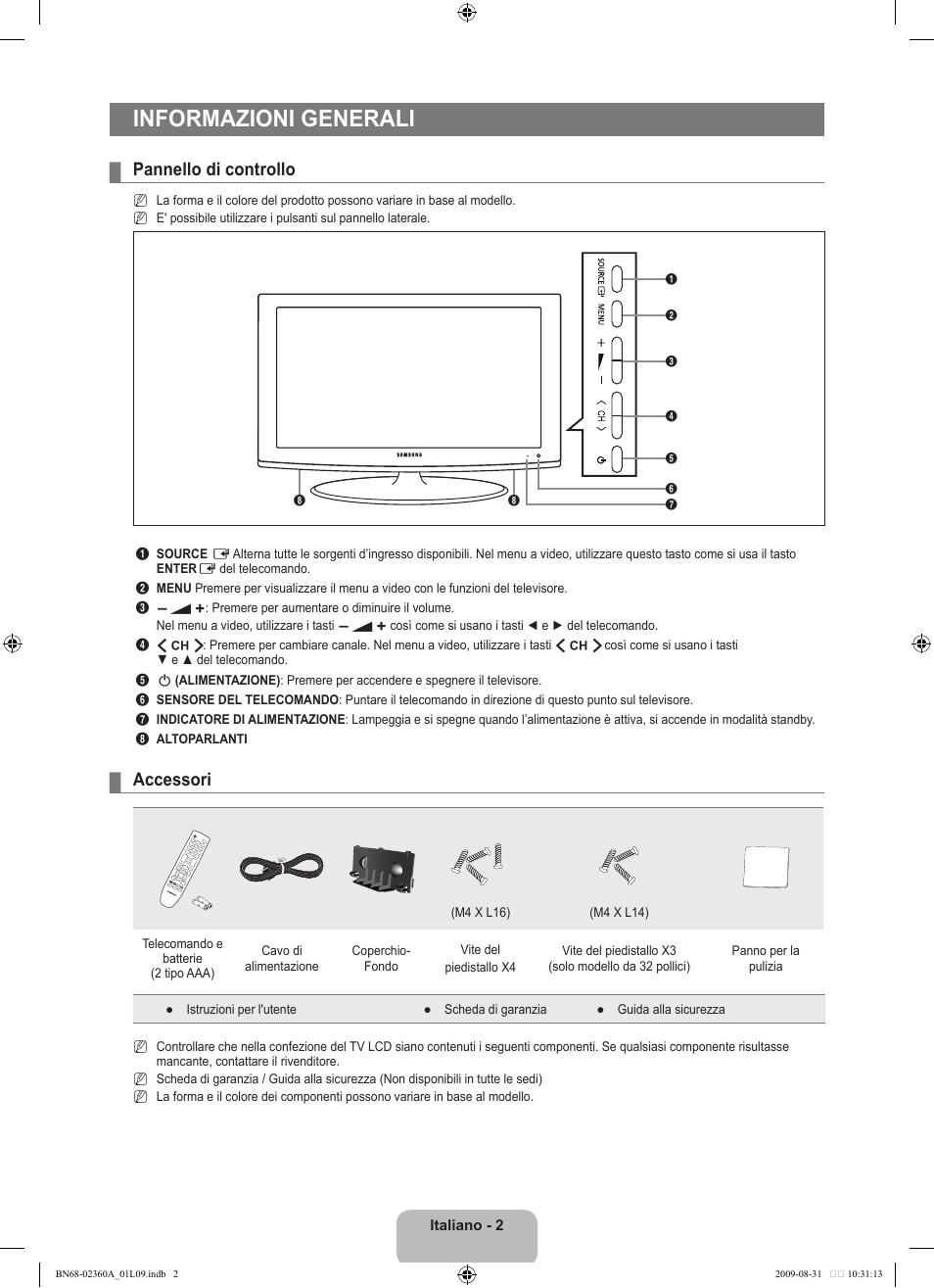 Informazioni generali, Pannello di controllo, Accessori | Samsung LE32B450C4W User Manual | Page 132 / 300