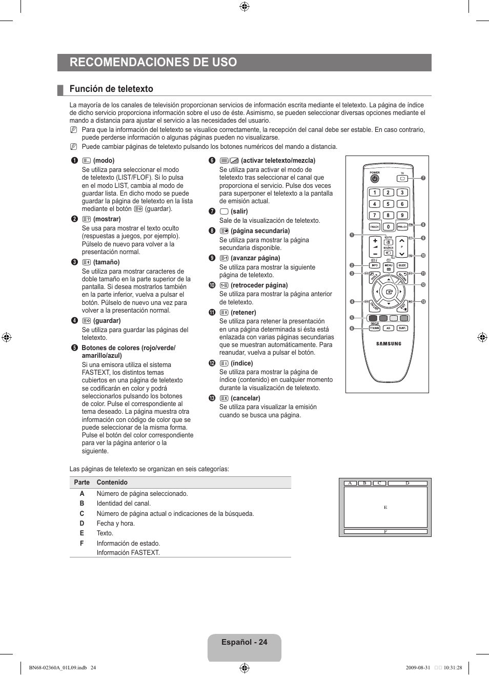 Recomendaciones de uso, Función de teletexto | Samsung LE32B450C4W User Manual | Page 188 / 300