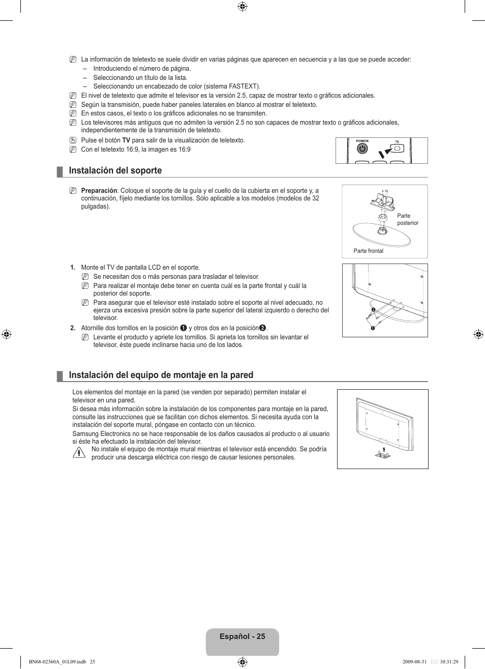 Instalación del soporte, Instalación del equipo de montaje en la pared | Samsung LE32B450C4W User Manual | Page 189 / 300