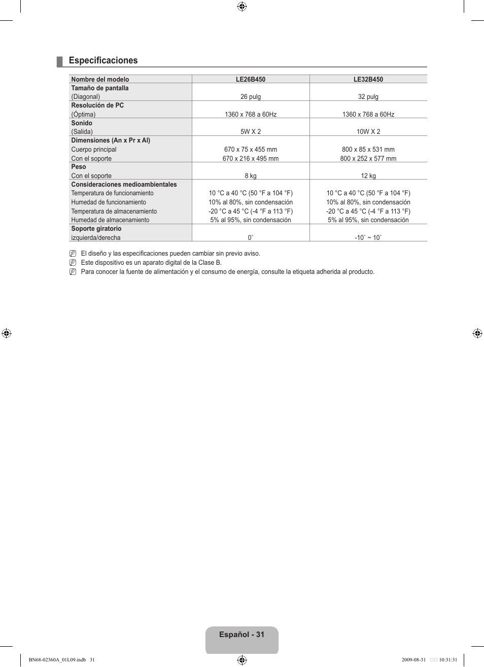 Especificaciones | Samsung LE32B450C4W User Manual | Page 195 / 300