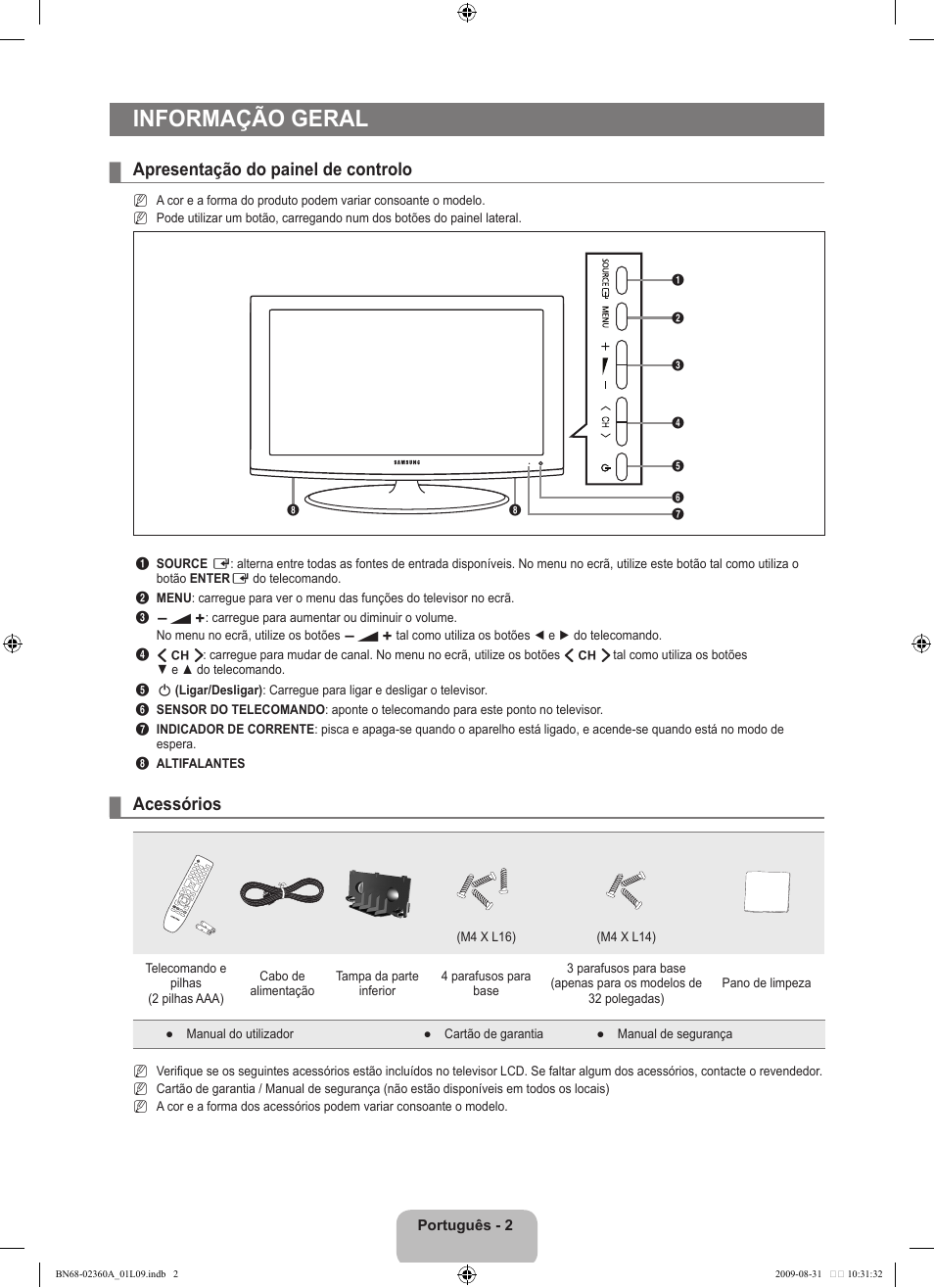 Informação geral, Apresentação do painel de controlo, Acessórios | Samsung LE32B450C4W User Manual | Page 198 / 300