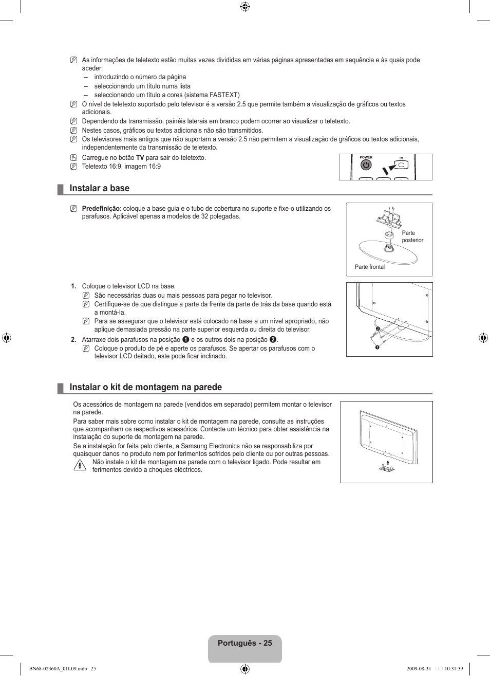 Instalar a base, Instalar o kit de montagem na parede | Samsung LE32B450C4W User Manual | Page 221 / 300