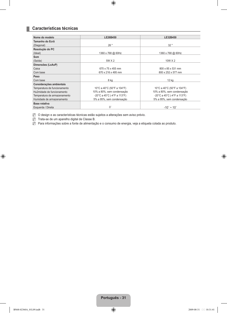 Características técnicas, Português - 31 | Samsung LE32B450C4W User Manual | Page 227 / 300