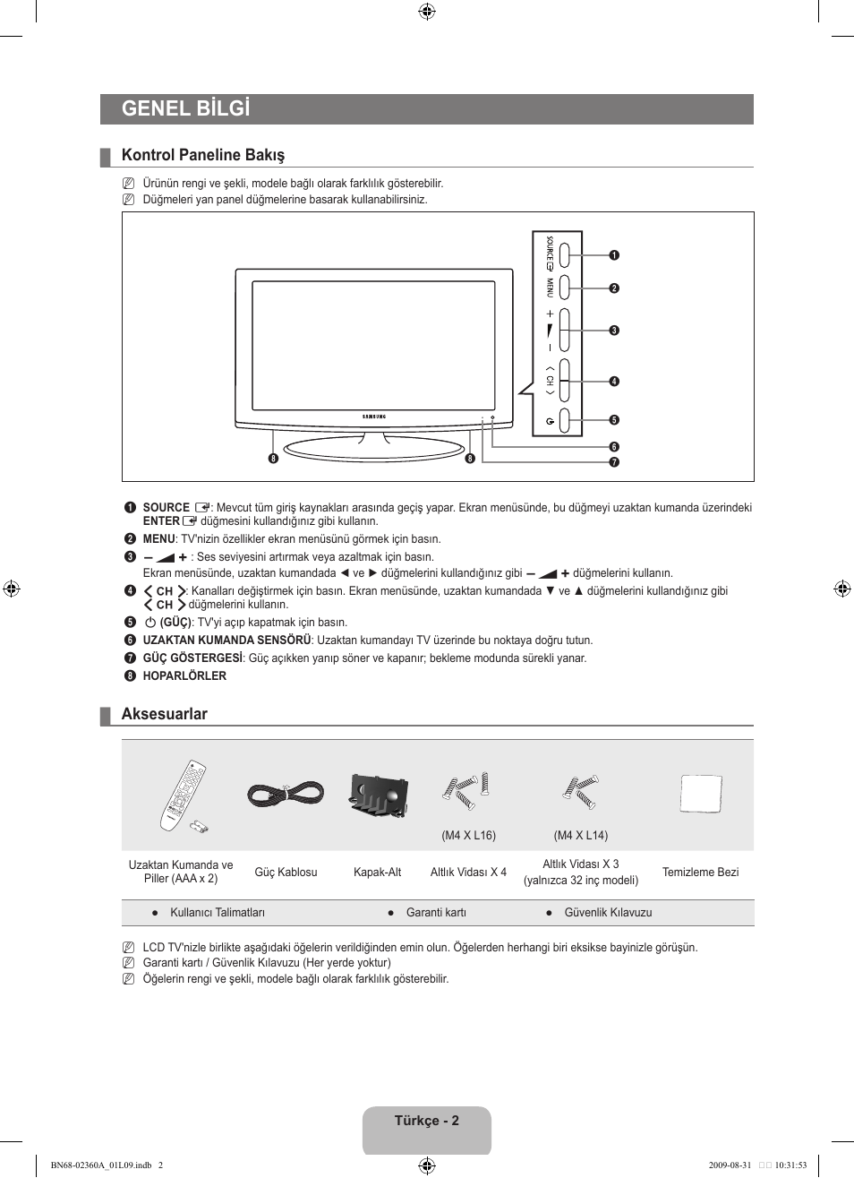 Genel bilgi, Kontrol paneline bakış, Aksesuarlar | Samsung LE32B450C4W User Manual | Page 262 / 300
