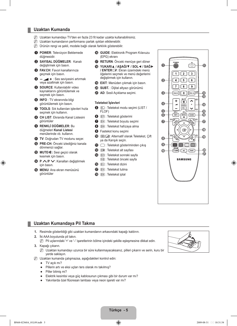 Uzaktan kumanda, Uzaktan kumandaya pil takma | Samsung LE32B450C4W User Manual | Page 265 / 300