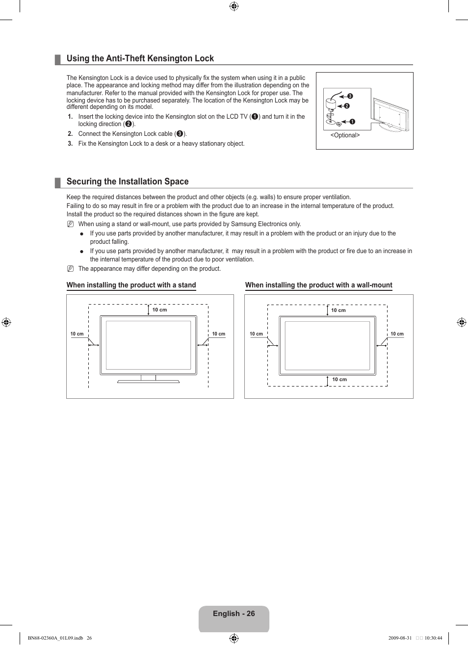 Using the anti-theft kensington lock, Securing the installation space | Samsung LE32B450C4W User Manual | Page 28 / 300