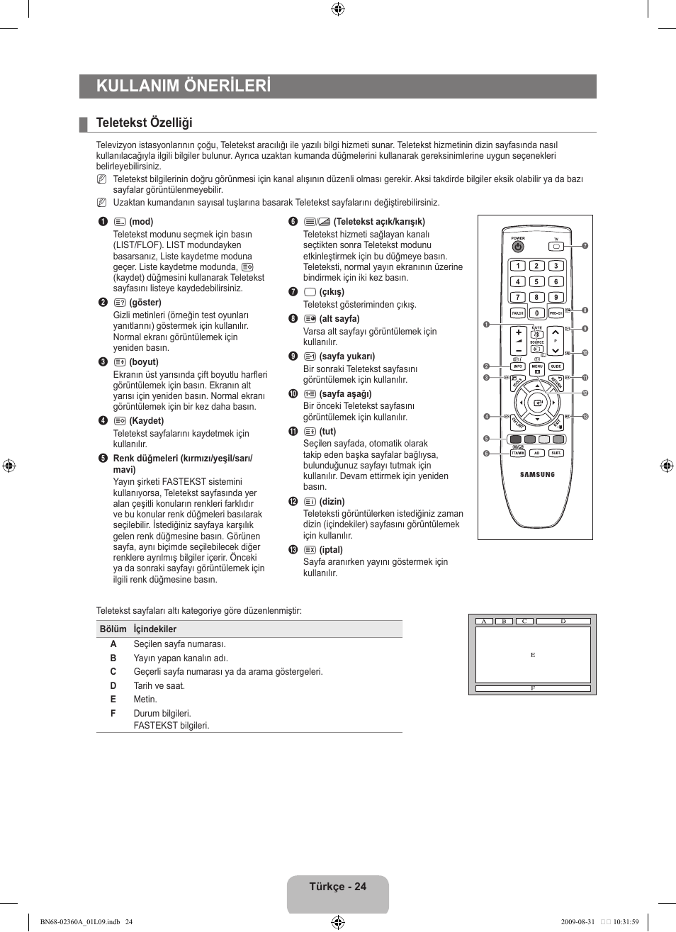 Kullanim önerileri, Teletekst özelliği | Samsung LE32B450C4W User Manual | Page 284 / 300