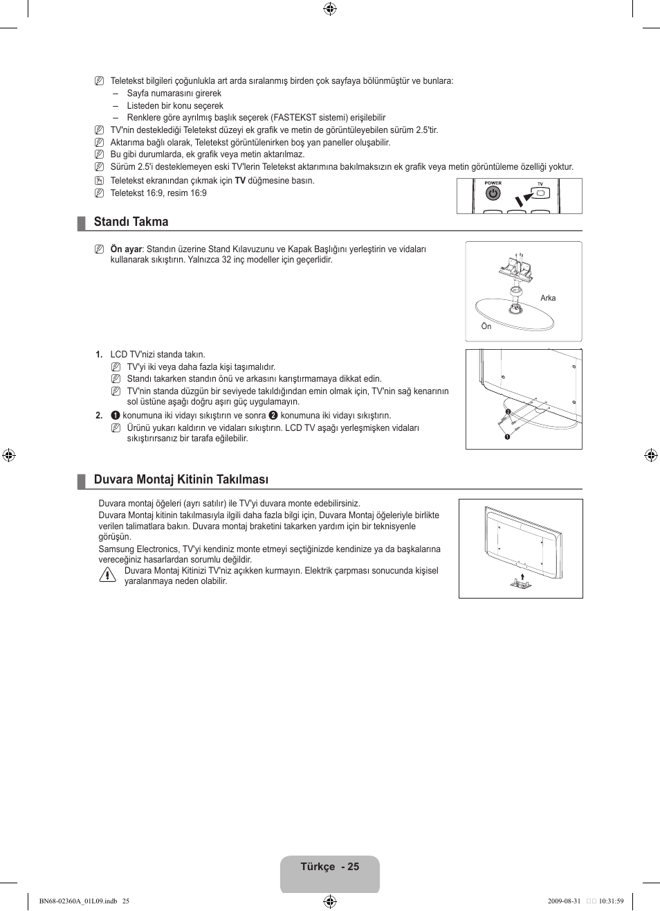 Standı takma, Duvara montaj kitinin takılması | Samsung LE32B450C4W User Manual | Page 285 / 300