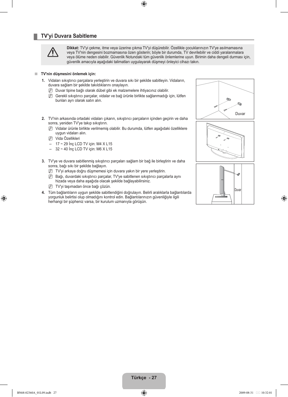 Tv'yi duvara sabitleme | Samsung LE32B450C4W User Manual | Page 287 / 300