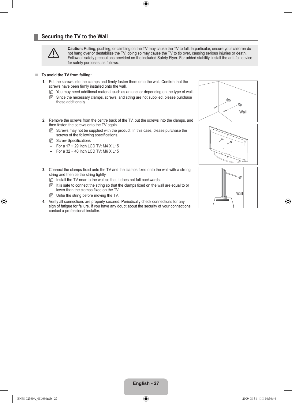 Securing the tv to the wall | Samsung LE32B450C4W User Manual | Page 29 / 300