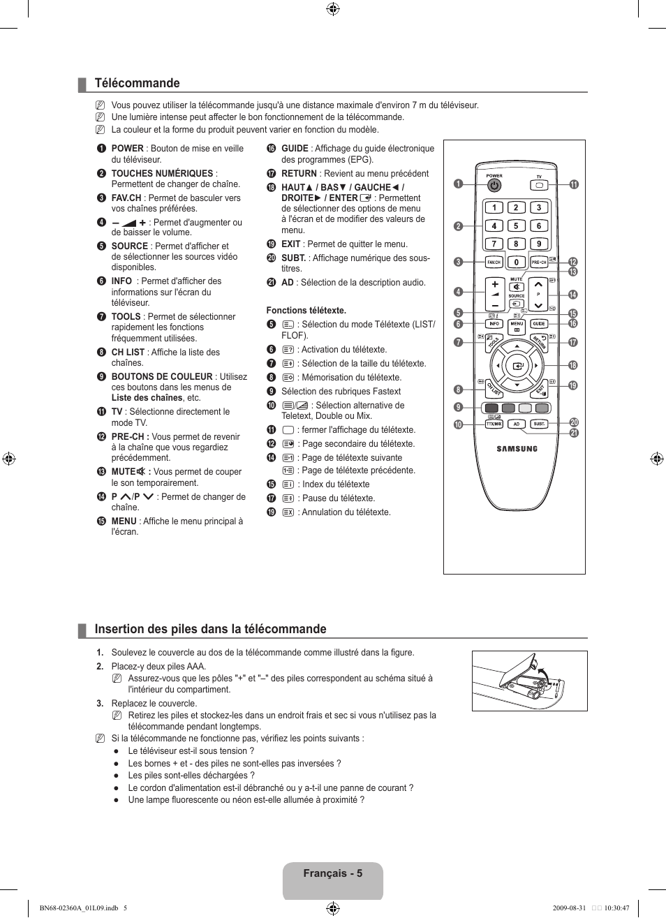 Télécommande, Insertion des piles dans la télécommande | Samsung LE32B450C4W User Manual | Page 39 / 300