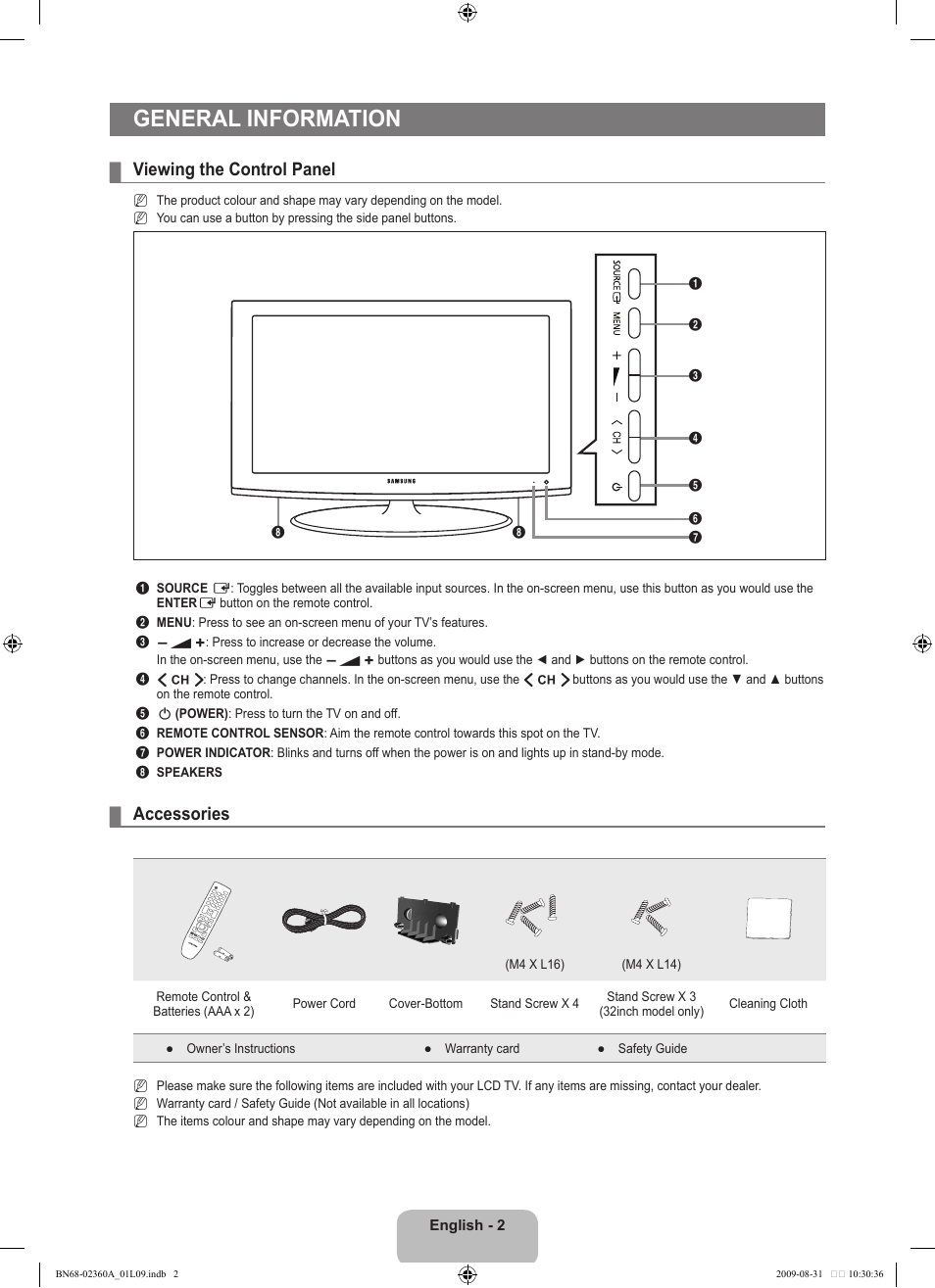 General information, Viewing the control panel, Accessories | Samsung LE32B450C4W User Manual | Page 4 / 300