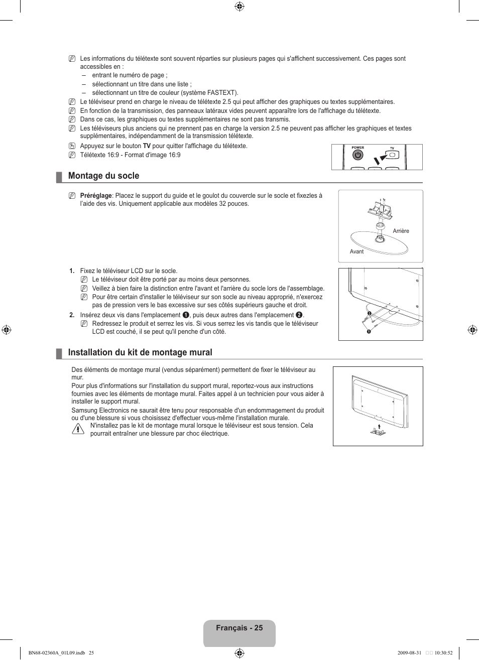 Montage du socle, Installation du kit de montage mural | Samsung LE32B450C4W User Manual | Page 59 / 300