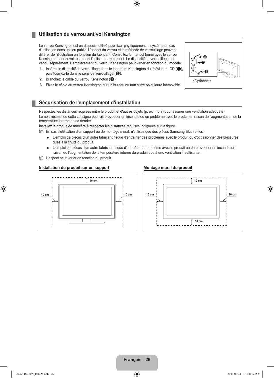Utilisation du verrou antivol kensington, Sécurisation de l'emplacement d'installation | Samsung LE32B450C4W User Manual | Page 60 / 300